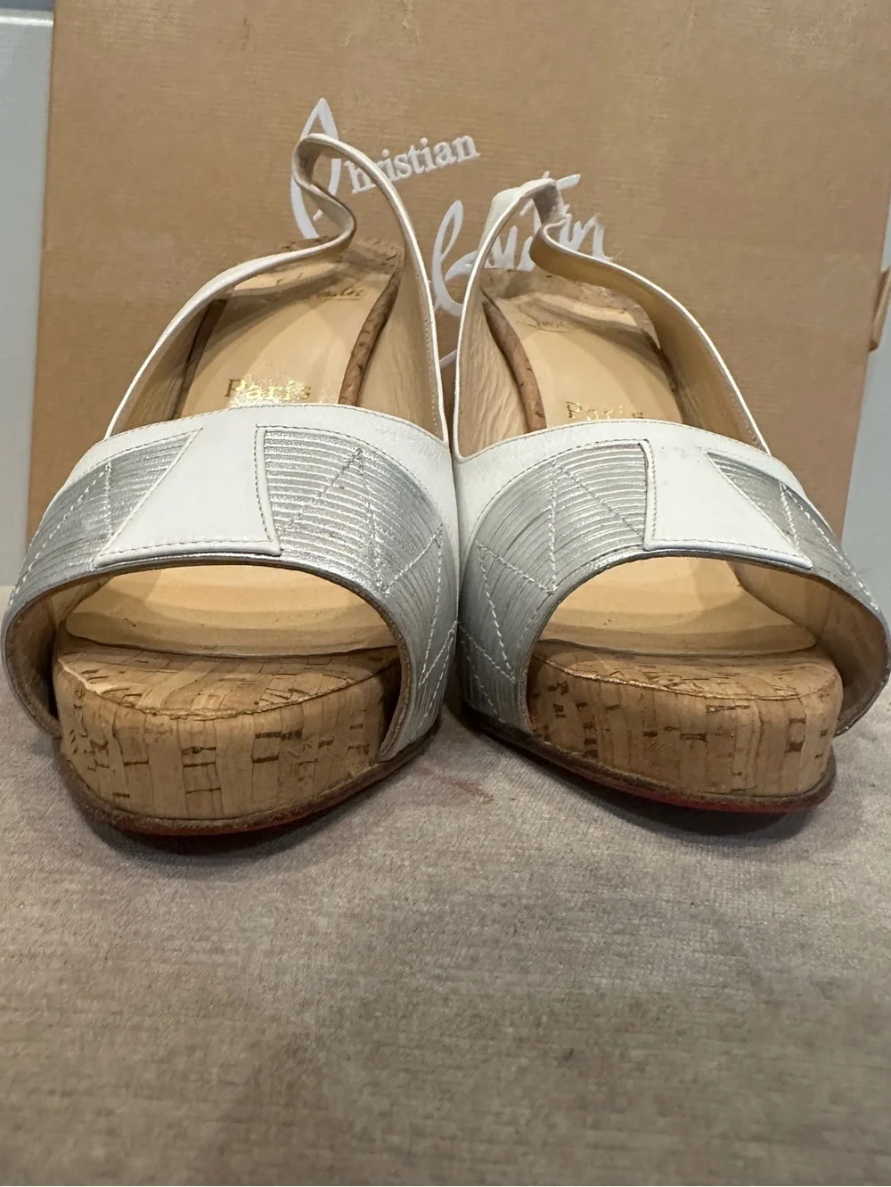 Christian Louboutin White and Silver Peep-Toe Slingback Heel